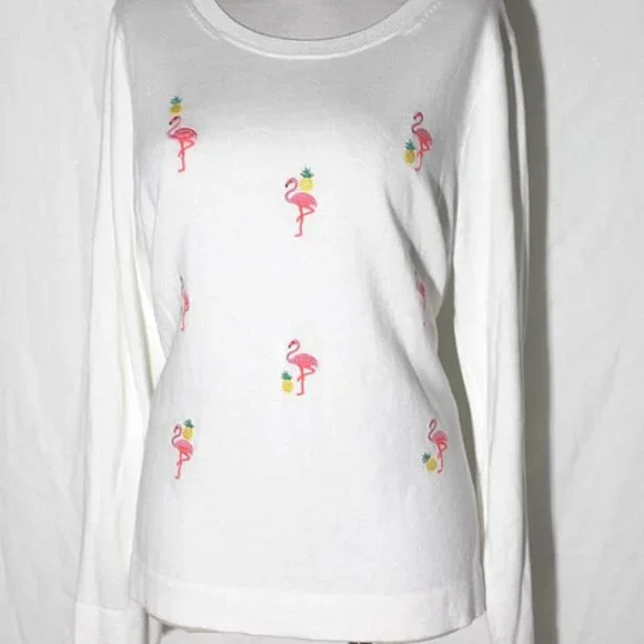 NEW J. Crew Teddi White Cotton Pullover Sweater w Flamingos & Pineapples sz XL - Picture 1 of 3